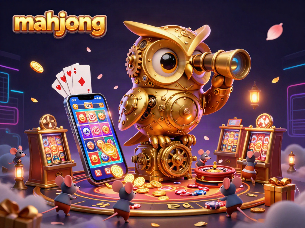 Play mahjong with a vibrant 3D scene featuring a golden owl, animated patrons, and lively casino elements.