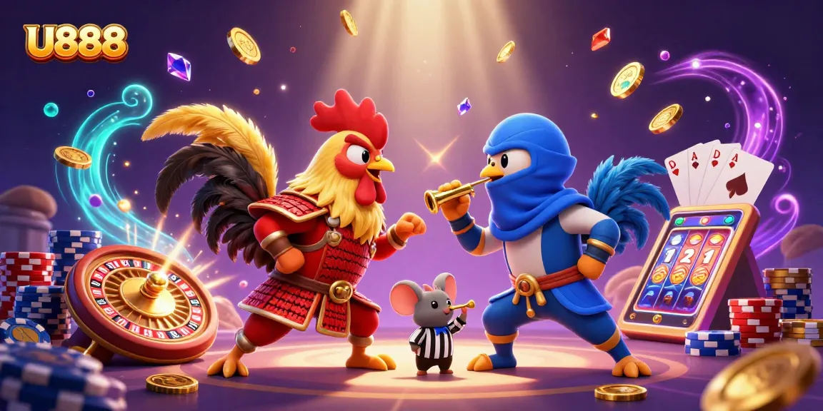 U888 showcases twin roosters in a casino standoff, surrounded by dynamic game elements, creating an action-packed ambiance.