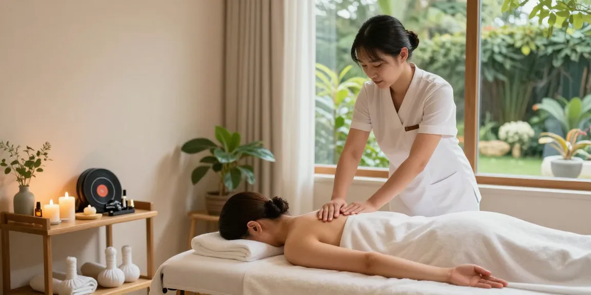 마사지 치료 중인 전문가와 편안한 분위기의 스파