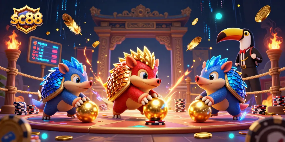 Sc88 pangolins compete in a vibrant casino scene, showcasing thrilling gambling action.