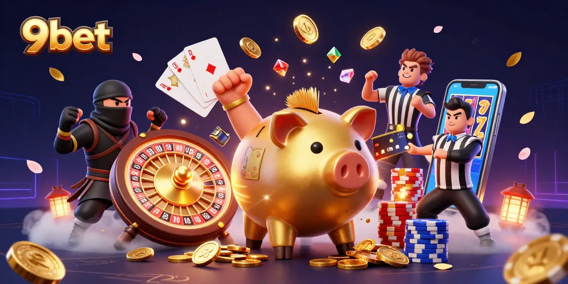 Experience the excitement of 9bet with a vibrant casino scene featuring a golden piggy bank sumo wrestler.