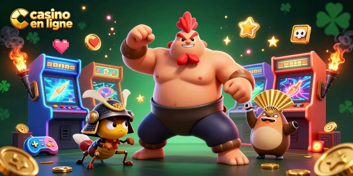 Action captivante dans un casino en ligne avec un coq sumo, un criquet et un tanuki.
