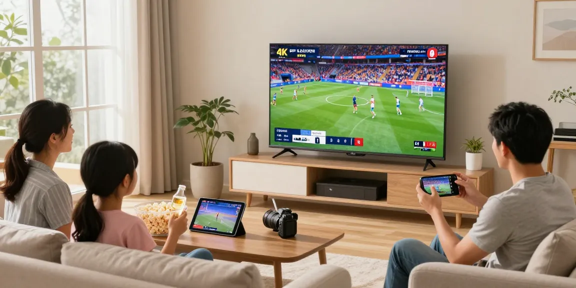 Abonnement IPTV permettant de regarder des sports en direct en famille dans un salon lumineux.