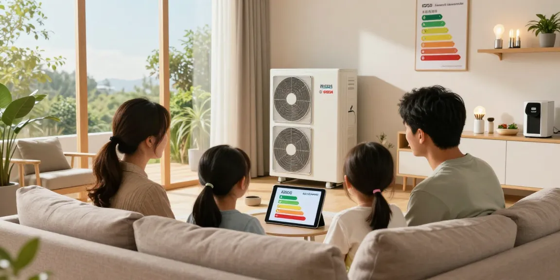 Family discussing their new wärmepumpe bosch in an energy-efficient living room, showcasing eco-friendly features.