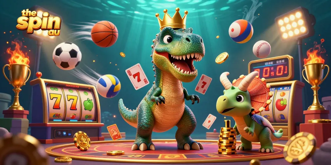 The spin au showcases a playful T-Rex shuffling cards in a vibrant casino scene full of dynamic gaming elements.