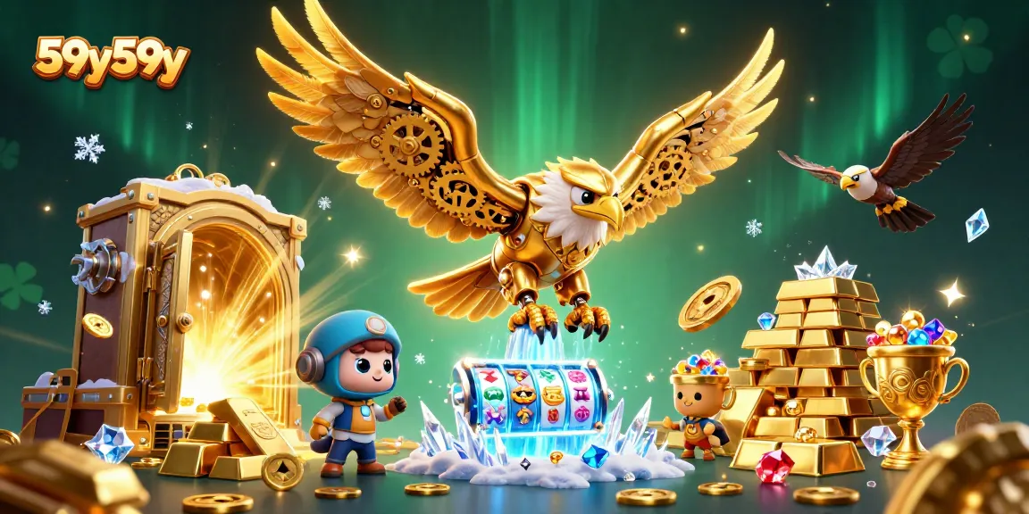 Imagem vibrante do 59y59y com águia cibernética mergulhando entre fichas de slots e tesouros.