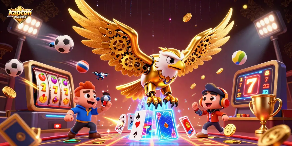 Experience thrilling gameplay with kaptenjackpot through a dynamic scene featuring a golden eagle and slot elements.