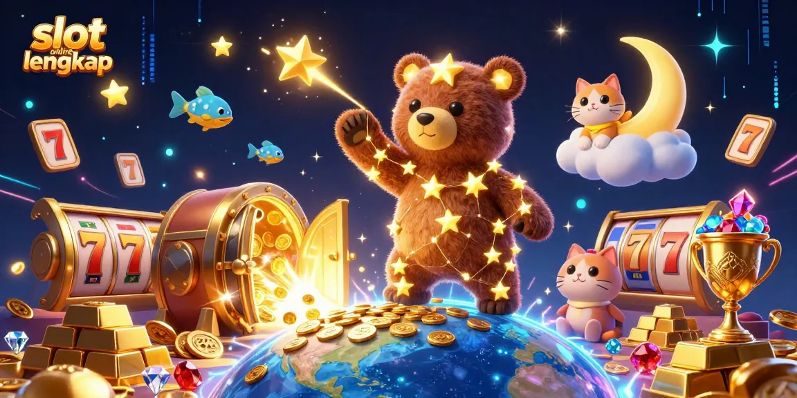 Experience the excitement of slot online lengkap with treasures and cosmic companions in this vibrant illustration.