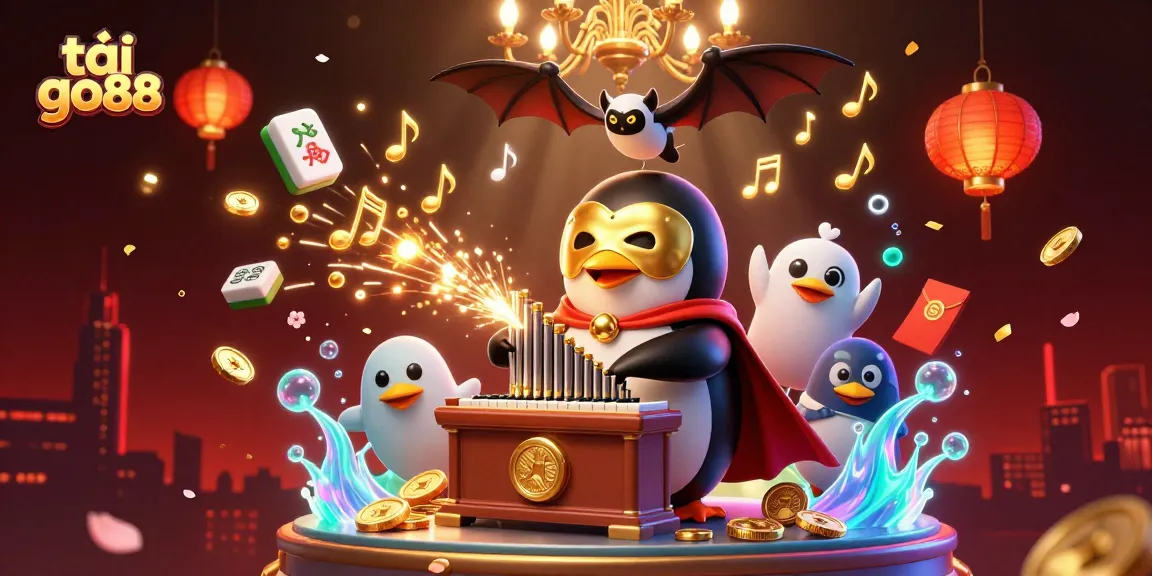 Experience the thrill of tải go88 with 3D penguin playing for golden coins amidst vibrant casino elements.