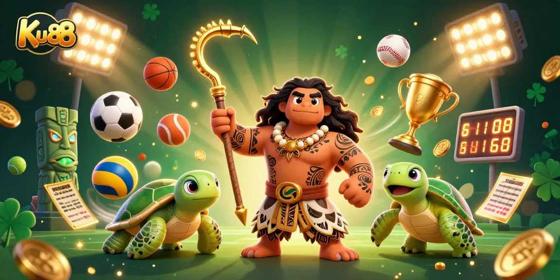 Engage in thrilling sports betting excitement with Ku88, featuring dynamic 3D characters and vibrant imagery.