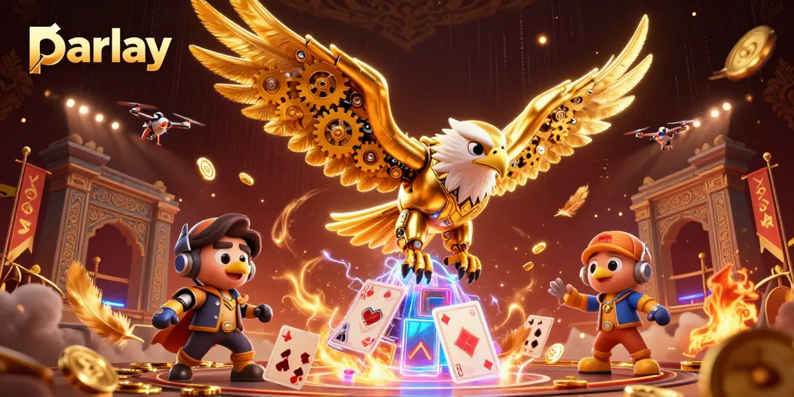 Place a parlay bet in a dynamic 3D scene with golden eagle and sports elements.