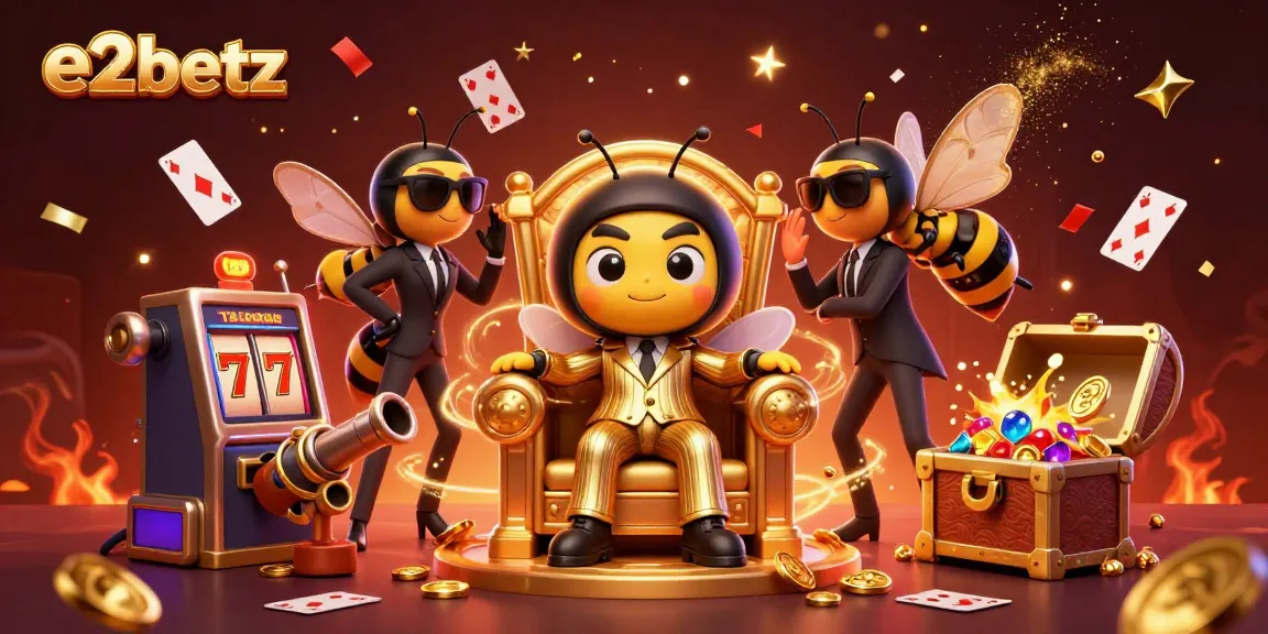 E2betz dynamic casino scene featuring a cartoon bumblebee boss and playing cards for an exciting gaming experience.