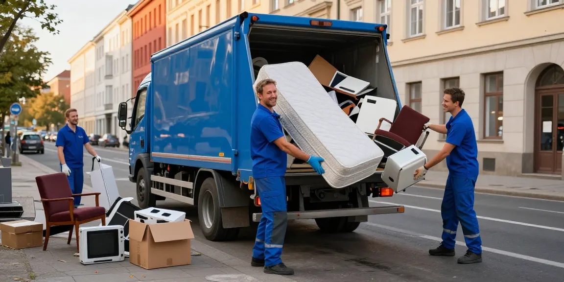 Sperrmüllabholung 80 Euro Berlin team of waste collectors efficiently loading bulky items into a truck in vibrant Berlin street scene.