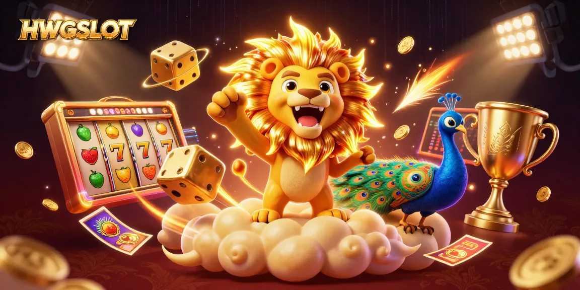 Join the excitement of HWGSLOT with a vibrant 3D casino scene featuring lively slot reels and golden dice.