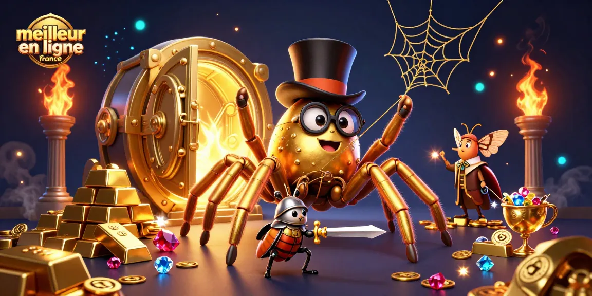 Visuel captivant du meilleur casino en ligne France avec des éléments dorés et des personnages ludiques, mettant en avant l'univers du jeu.