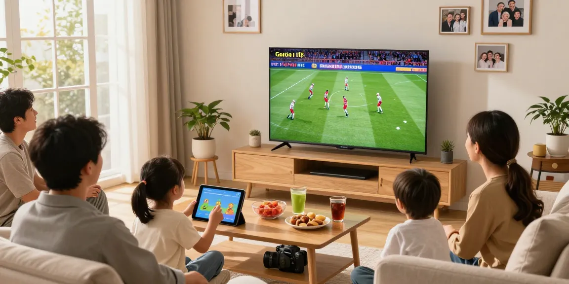 Family enjoying IPTV sports streaming in a cozy living room atmosphere.
