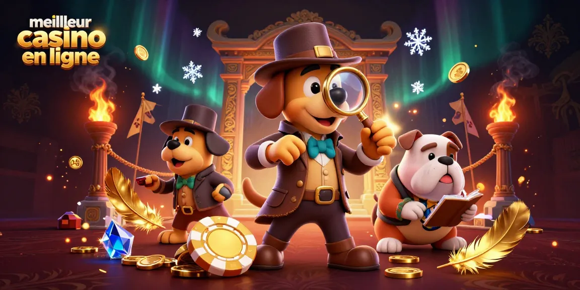 Examinez le meilleur casino en ligne avec des personnages de roman détective, des jetons de poker, et une ambiance de feu.