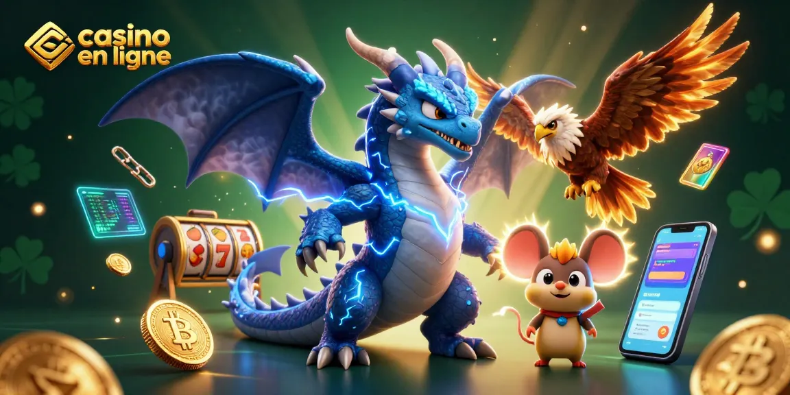 Gagnez dans le casino en ligne avec des personnages de dragon et d'oiseaux, entourés de jeux et crypto.