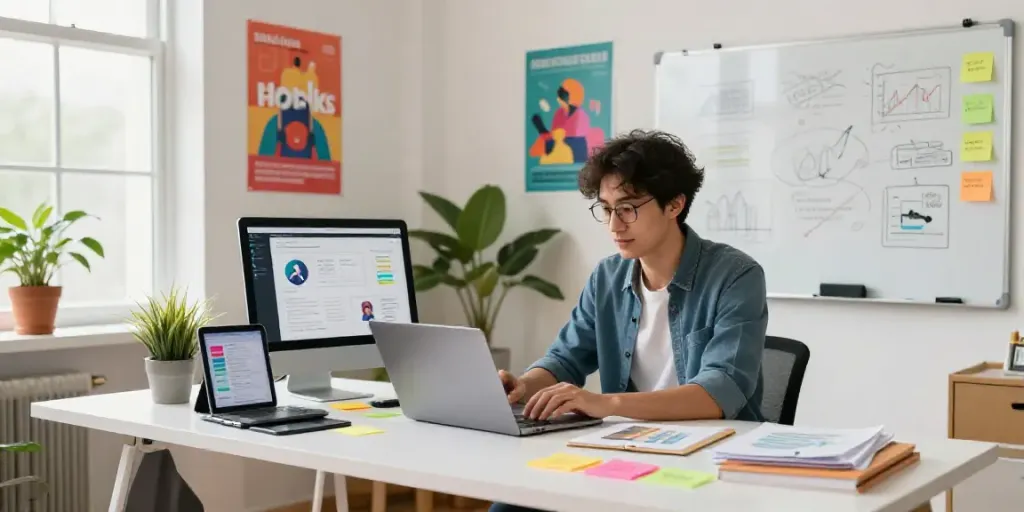 Creating social media hooks with AI in a vibrant workspace, showcasing brainstorming materials and multiple devices.