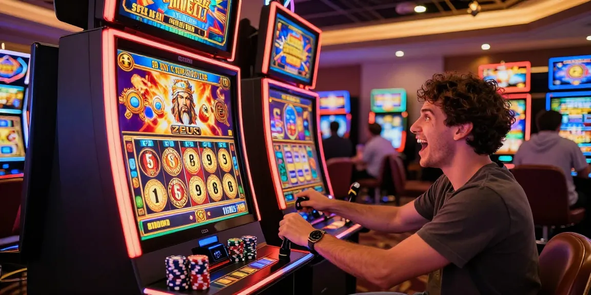 Excited player enjoying slot zeus machine with vibrant graphics and jackpot lights in a lively casino atmosphere.