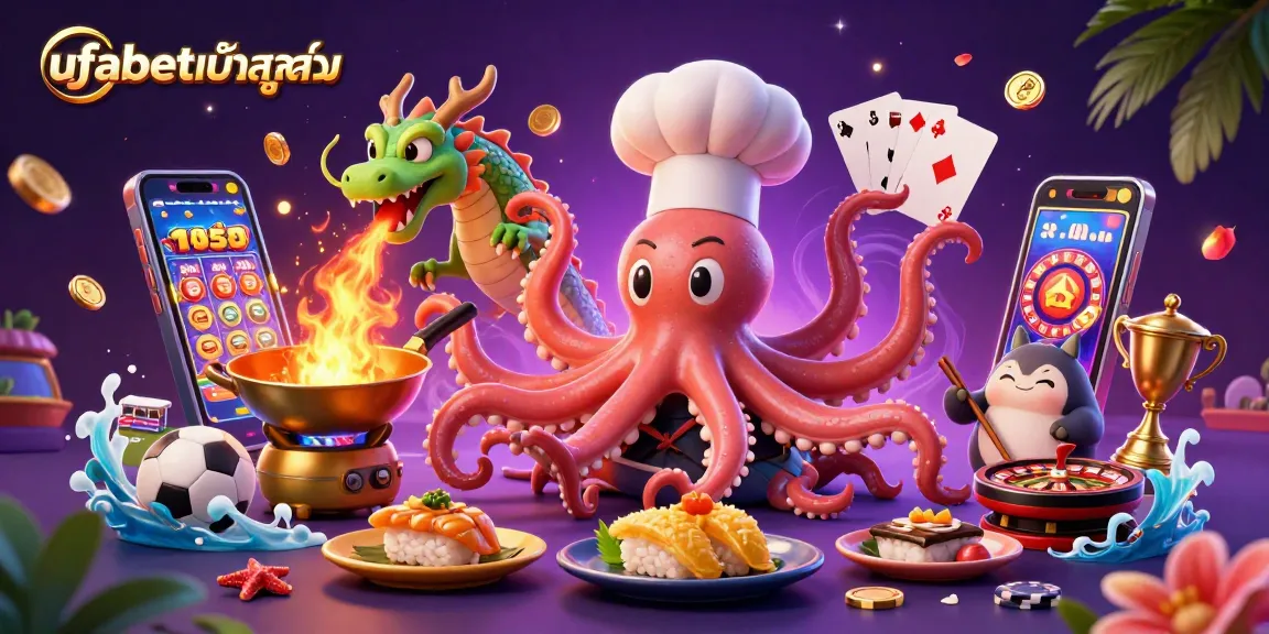 Engage in ufabetเข้าสู่ระบบ sports betting with octopus chef and dragon, surrounded by vibrant gaming elements.