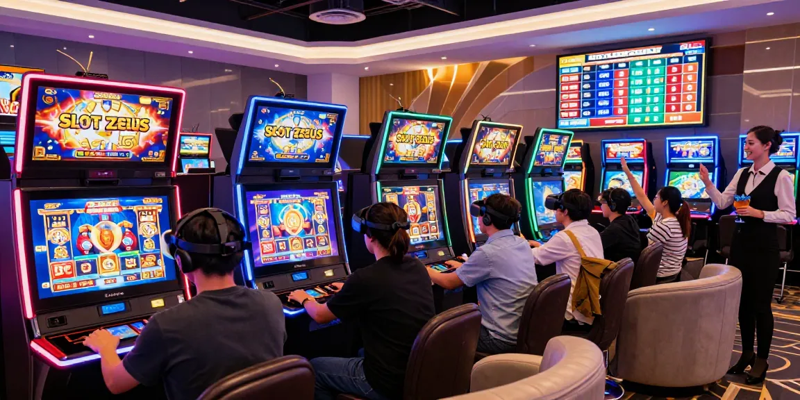Exciting gaming atmosphere with players enjoying slot machines like Slot Zeus, showcasing vibrant neon lights and celebratory moments.