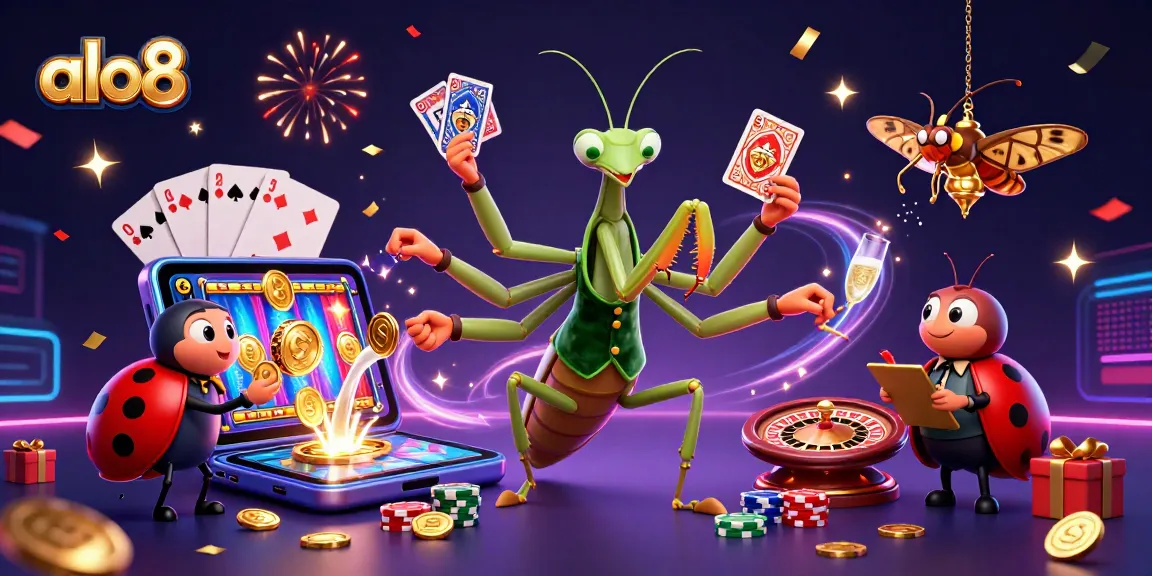 Capture the excitement of alo8 with a giant mantis dealer, ladybug pit boss, and dynamic casino elements.