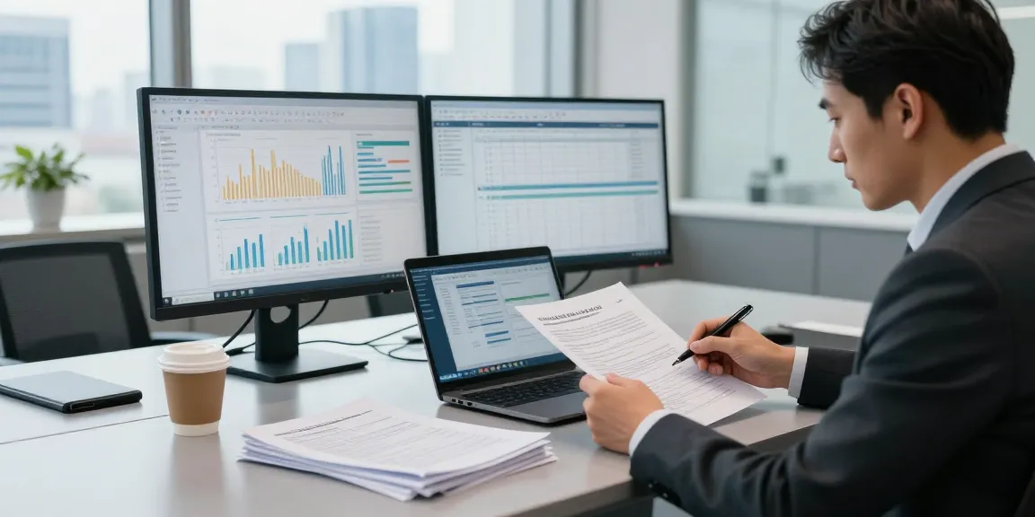 Proses audit forensik di aafikotaserang.org dengan auditor profesional menganalisis dokumen di kantor modern.