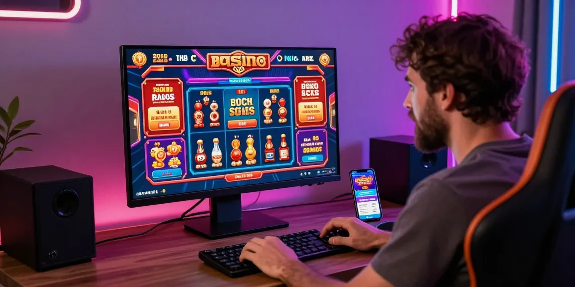 Joueur heureux sur un nouveau casino en ligne, entouré de jeux et bonus attractifs.