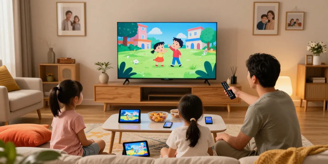 La famille regardant IRON TV dans un salon moderne, ambiance chaleureuse.