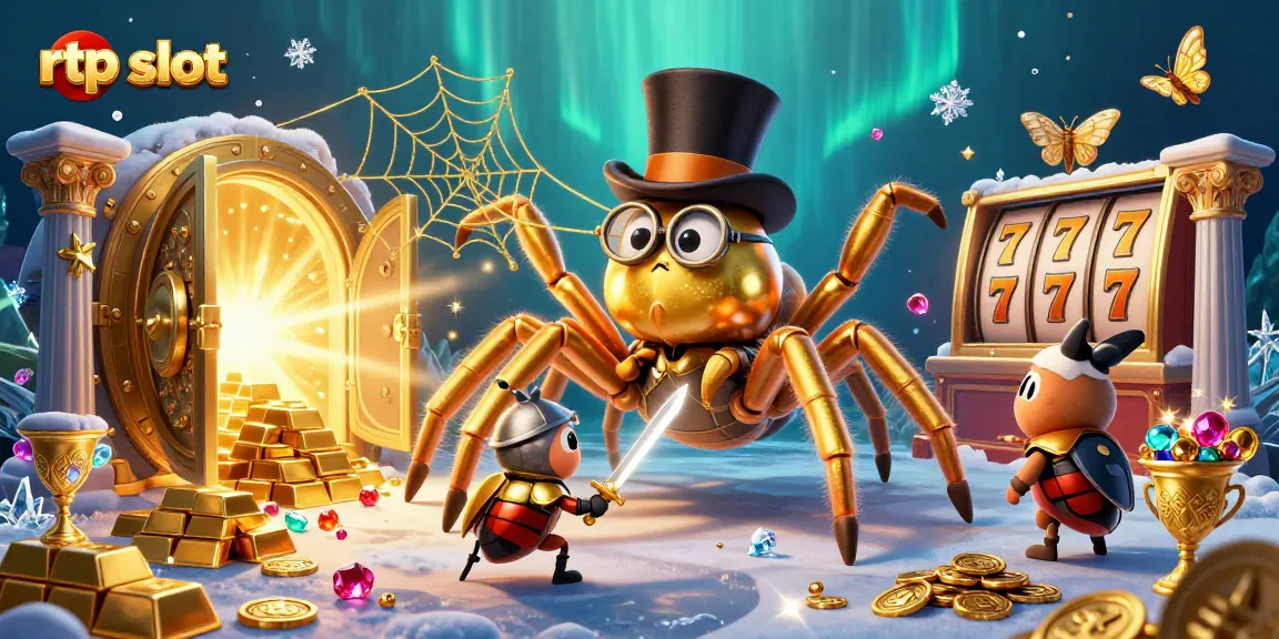 Engage with RTP slot strategies illustrated by a golden tarantula and a beetle knight amidst casino treasures.