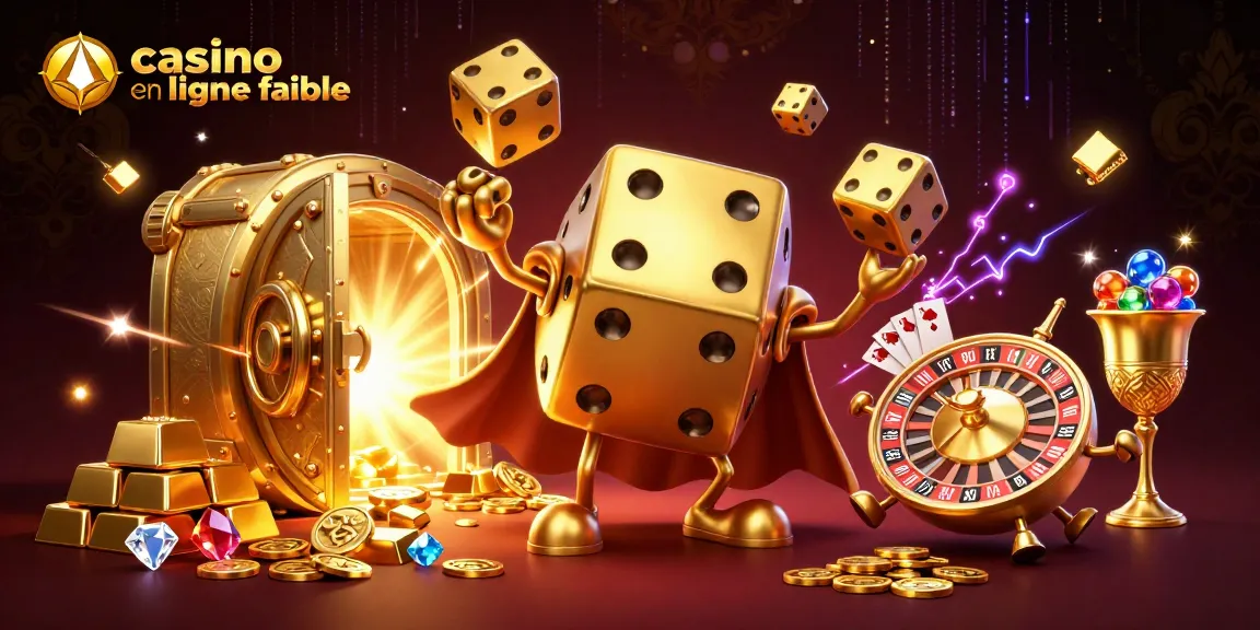 Illustration d'un casino en ligne fiable mettant en avant un golem de dés dorés et un rouleau, entouré de trésors scintillants.