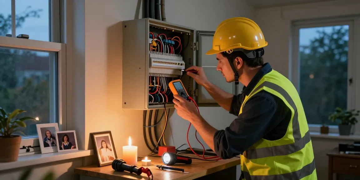 Electrician performing emergency electrical services while inspecting a residential panel during a power outage.