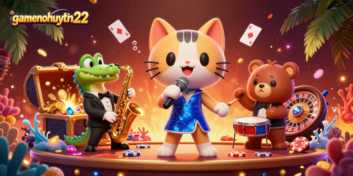 Engage with gamenohuuytin22 in an electrifying casino scene featuring animated characters and dazzling prizes.