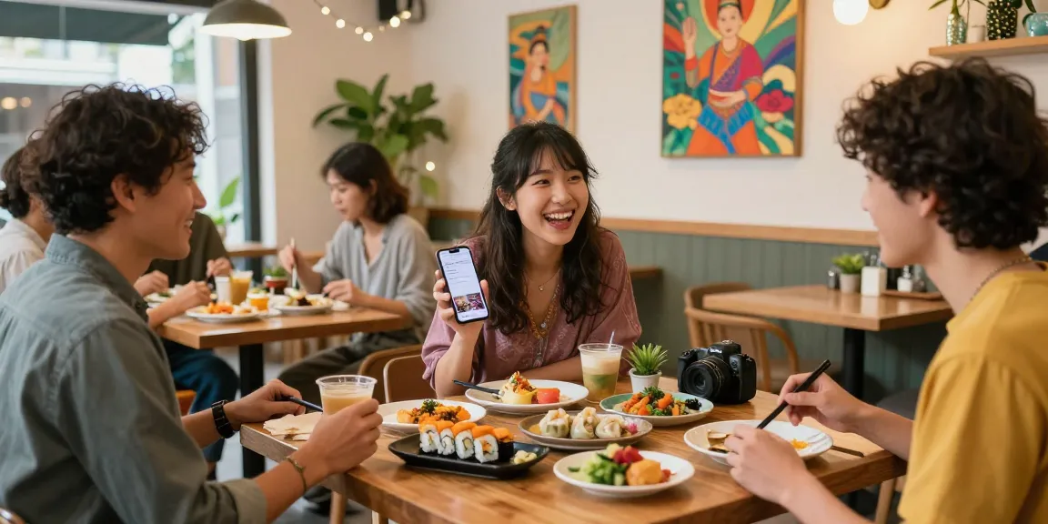 Friends exploring content on https://hanadultalk.com in a vibrant café setting with Asian cuisine.