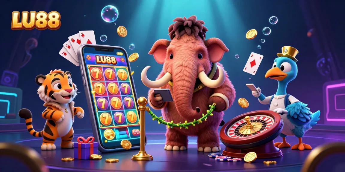 LU88 showcases vibrant casino excitement with a woolly mammoth bouncer, saber-tooth VIP, and dodo doorman in a dynamic scene.