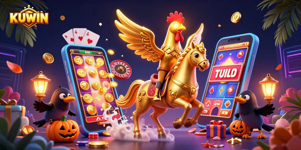 Spin vibrant slot games at KUWIN with a golden rooster mascot in a lively casino scene.