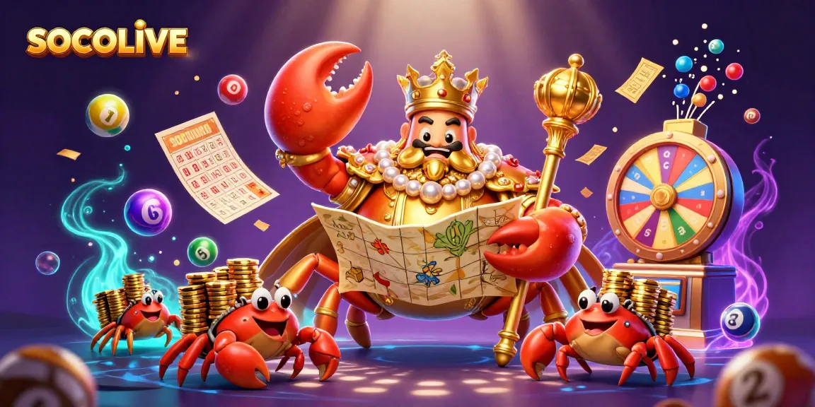 SOCOLIVE showcases a vibrant casino adventure with a golden crab king and dynamic lottery elements.