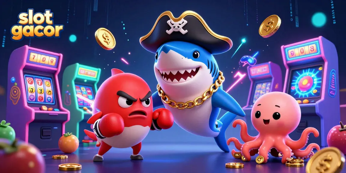 Engage with slot gacor through an exciting 3D illustration featuring a pirate shark, pufferfish, and octopus amidst vibrant gaming elements.
