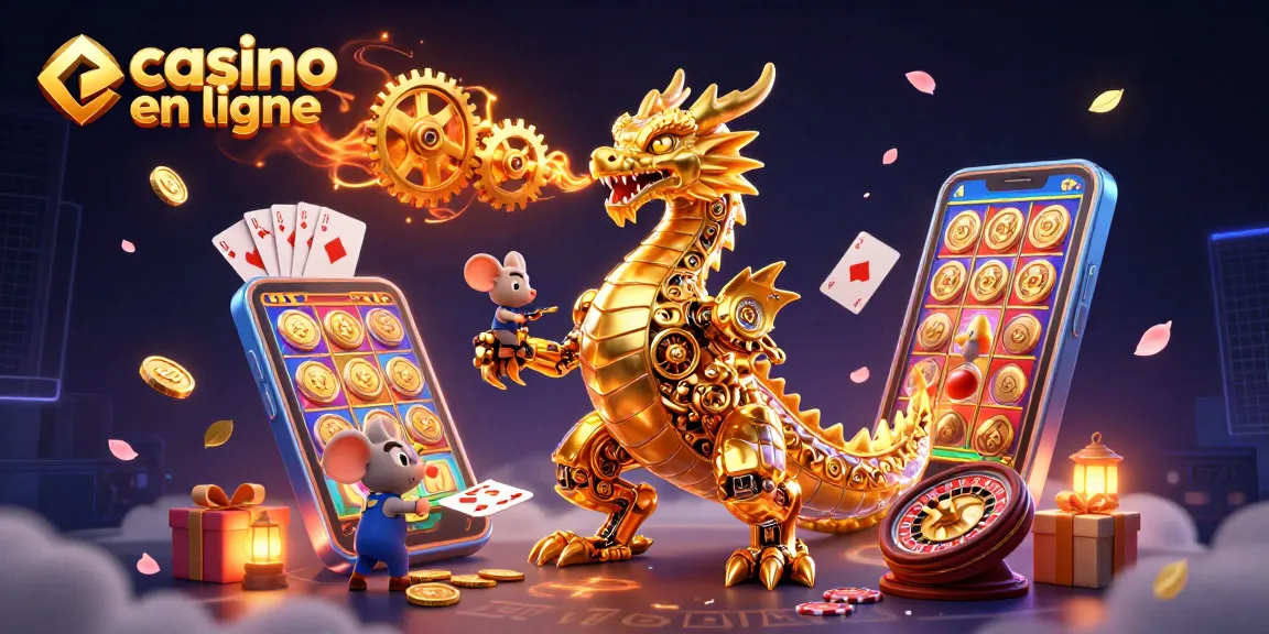 Vivez l'expérience des casinos en ligne avec cette illustration captivante de dragon fantastique et éléments de jeu.