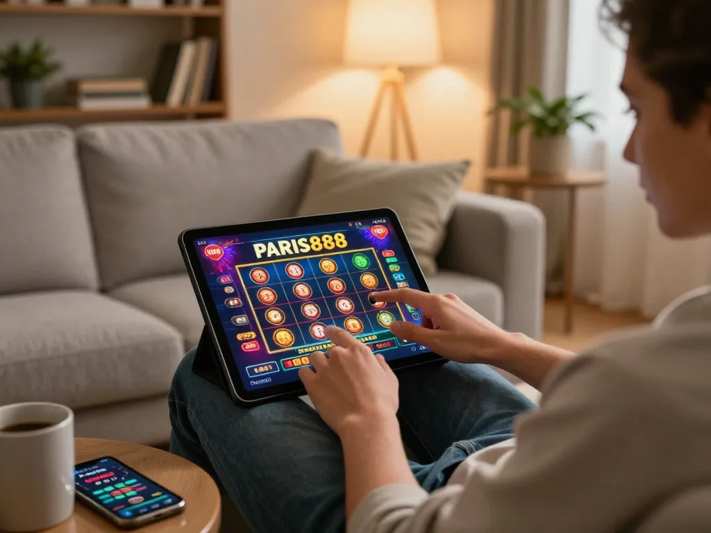 Player enjoying online gaming on Paris888, showcasing vibrant tablet interface and cozy living room.