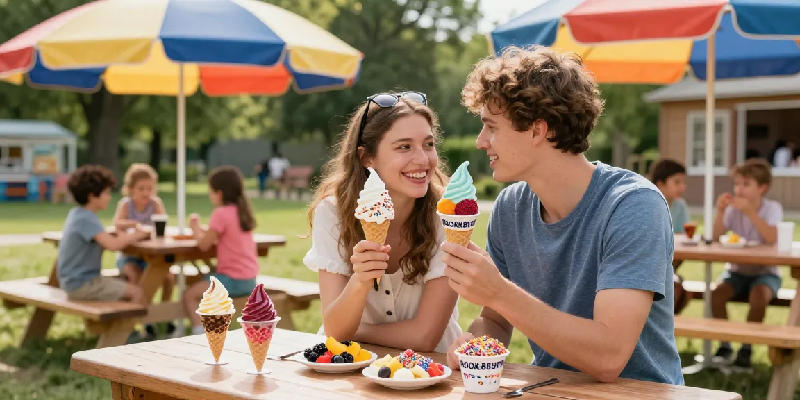 Couple savoring rokok88 ice cream with bold flavors at a colorful outdoor stand.