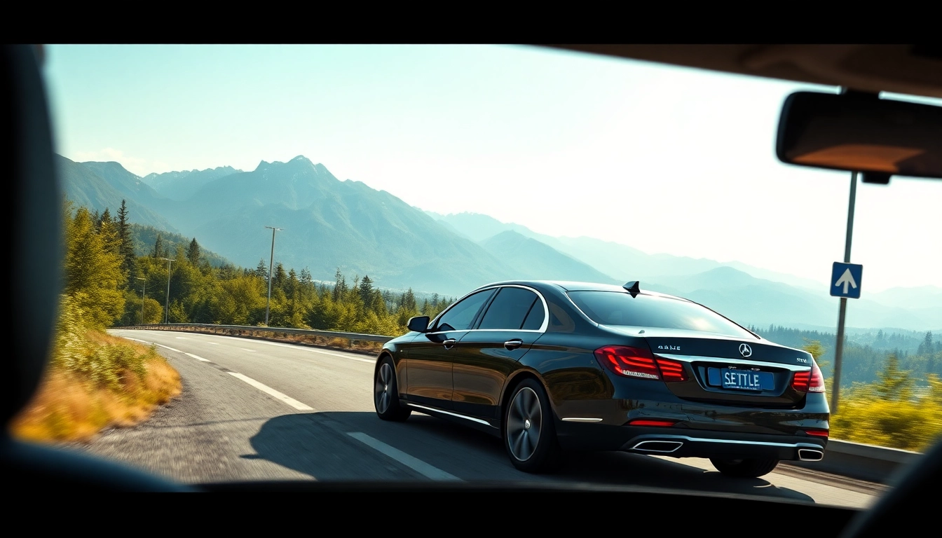 Experience Seattle to Vancouver car service with a sleek sedan in a scenic landscape.