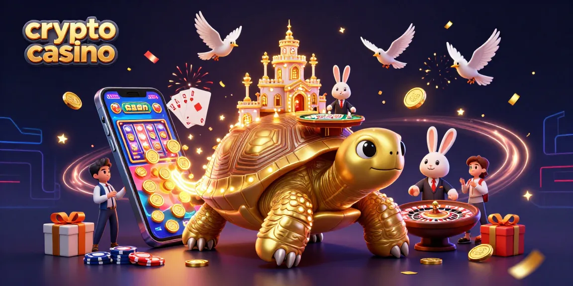 Illustration festive de casino crypto avec tortue dorée et croupier lapin, pièces dorées volantes.
