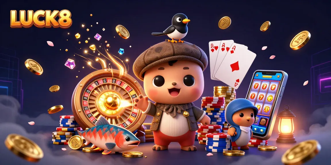 LUCK8 captivates players with a vibrant casino scene featuring a playful Nessie surrounded by dazzling game elements.