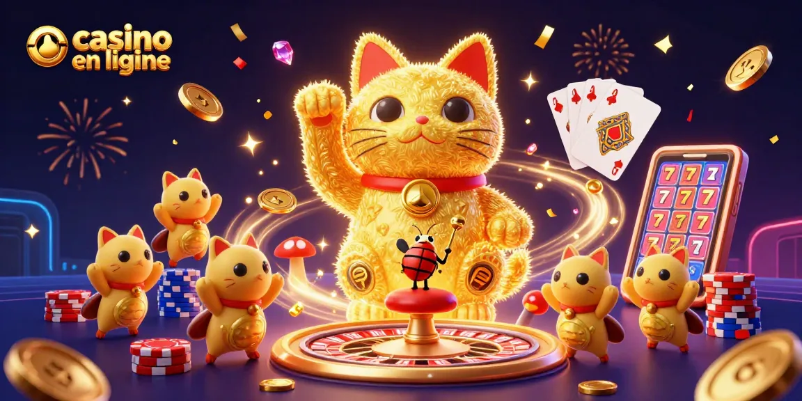 Visualisez une scène de casino en ligne vibrante où un chat porte-bonheur s'anime, entouré de pièces dorées.