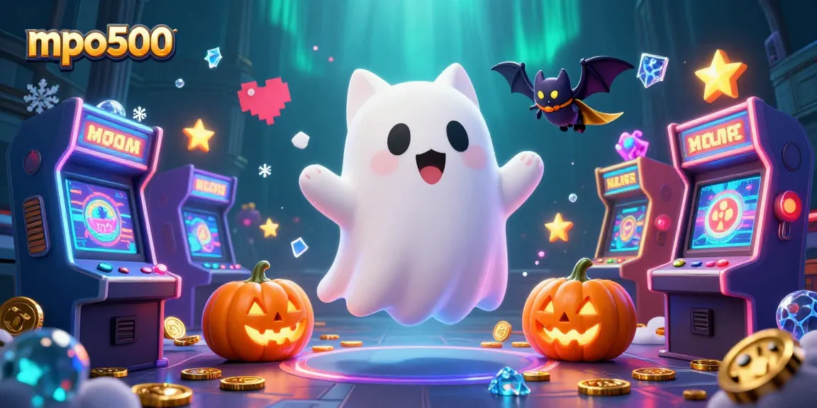 Engage with mpo500’s dynamic haunted casino scene featuring a ghost cat and glowing jack-o-lanterns.