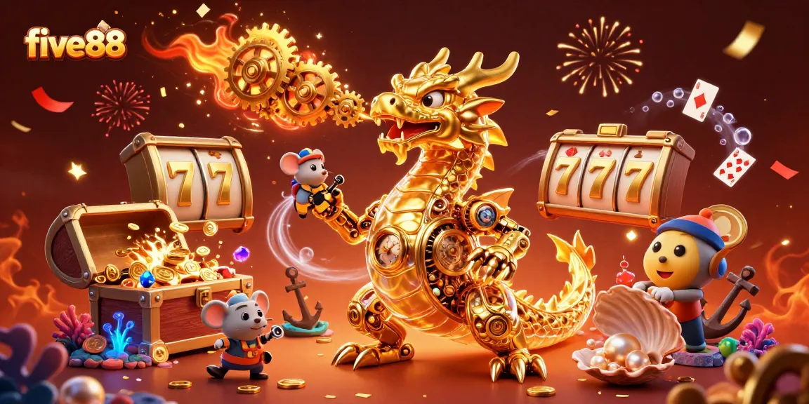 Experience exciting gameplay with five88's golden dragon and slot reel treasures!