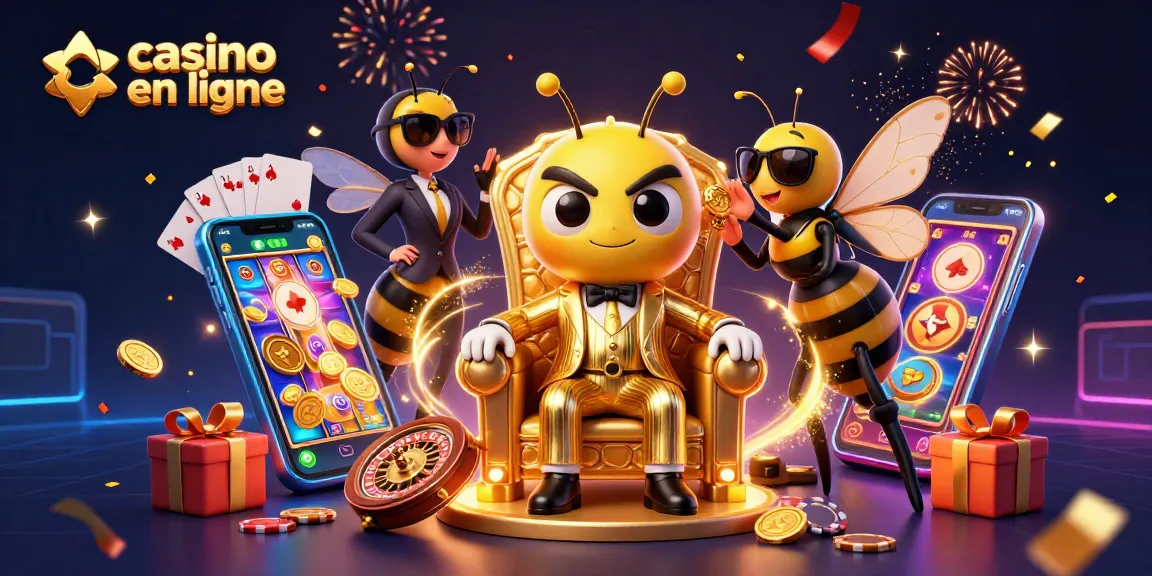 Le patron de la mafia bumblebee dans le casino en ligne avec des pièces d'or et un smartphone de jeu.