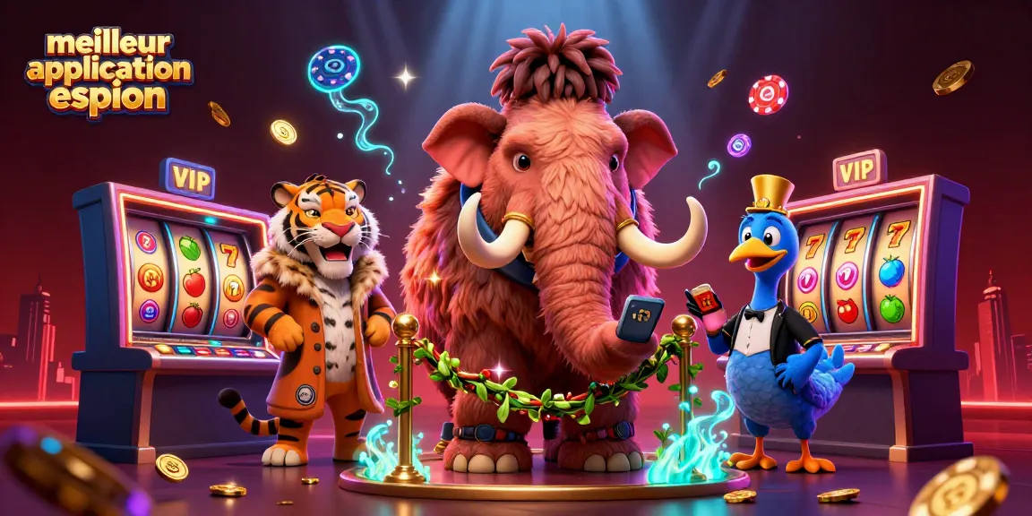 Découvrez meilleur application espion avec une illustration dynamique de jeux de casino, des personnages colorés et des éléments captivants.